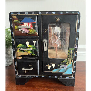 Vintage Black Lacquer Japanese Jewelry Box Ballerina Music Box Hand-painted